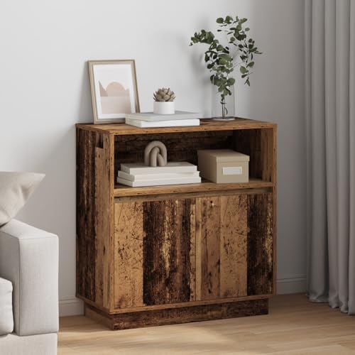WRJENFSC Sideboard Altholz 71x34,5x75 cm massiv recycelt verwittert Braun mit LED Blau für Esszimmer Wohnzimmer Küche rustikal landhausstil | Schiebetüren Buffetschrank Vorratsschrank von WRJENFSC