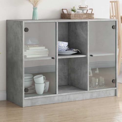 WRJENFSC Sideboard Betongrau 102x37x75,5 cm aus Holzwerkstoff und Glas mit 6 Fächern Modernes Lowboard für Bücher Aufbewahrung im Wohnzimmer Flur oder Schlafzimmer von WRJENFSC