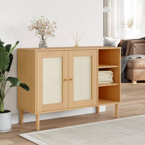 WRJENFSC Sideboard SENJA Rattan-Optik Braun 112x40x80 cm Massives Kiefernholz mit UV-Lackierung Retro Boho Stil für Wohnzimmer Flur Küche von WRJENFSC
