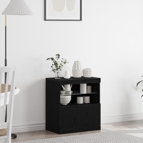 WRJENFSC Sideboard Schwarz Eiche 60x37x67 cm mit LED Modernes Buffet Küchenschrank für Wohnzimmer Esszimmer oder Flur verstellbare Regale Mattschwarz Holzwerkstoff von WRJENFSC