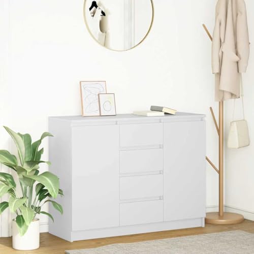 WRJENFSC Sideboard Weiß 100,5x35x76 cm aus Holzwerkstoff mit 4 Schubladen und 2 Türen Modernes Lowboard für Wohnzimmer Esszimmer Büro Flur WRJENFSC Sideboard Weiß 100,5x35x76 cm aus Holzwerkstoff mit 4 Schubladen und 2 Türen Modernes Lowboard für Wohnzimmer Esszimmer Büro Flur von WRJENFSC