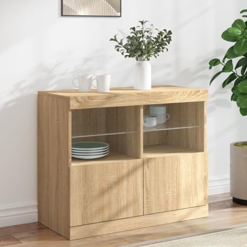 WRJENFSC Sideboard mit RGB LED Sonoma Eiche 81x37x67 cm Modernes Lowboard für Wohnzimmer Flur oder Büro viel Stauraum und Präsentationsfläche von WRJENFSC