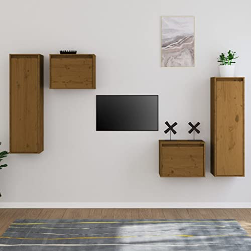 WRJENFSC TV-Schränke Set 4-TLG Honigbraun Massivholz Kiefer Hängende TV Möbel für Wohnzimmer Wandmontage Modernes Design von WRJENFSC