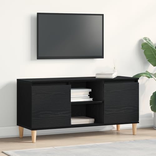 WRJENFSC TV-Schrank Lowboard Schwarz Eiche Modernes Design mit Holzbeinen Schiebetüren und Regalen 102x35x50 cm für Wohnzimmer Unterhaltungszentrum von WRJENFSC