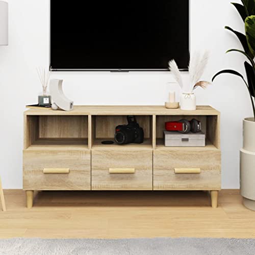 WRJENFSC TV Schrank Lowboard Sonoma-Eiche 102x36x50 cm aus Holzwerkstoff und Massivholz Eukalyptus mit Schubladen und Fächern für Wohnzimmer Entertainmentbereich von WRJENFSC