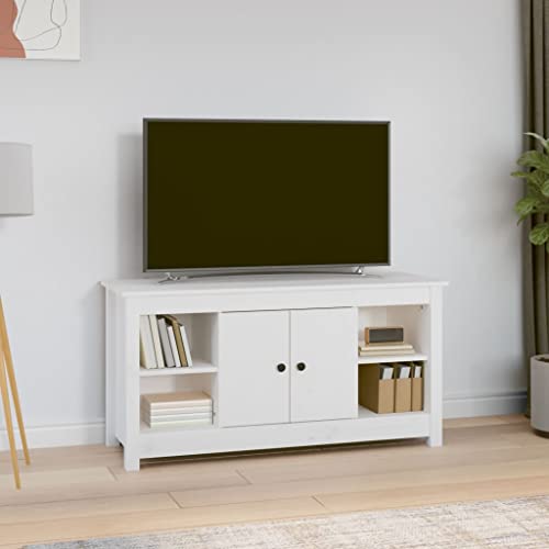 WRJENFSC TV Schrank Lowboard Weiß aus Massivholz Kiefer 103x36,5x52 cm mit Stauraum und Wandhalterung, Stabiles TV Möbel für Wohnzimmer von WRJENFSC