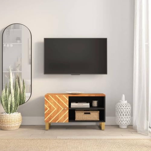 WRJENFSC TV Schrank Lowboard aus Massivholz Mango Braun Schwarz 80x31,5x46 cm Fernsehtisch mit Eisenbeinen und großem Stauraum für Wohnzimmer von WRJENFSC