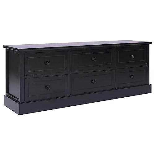 WRJENFSC TV Schrank Schwarz Massivholz Paulownia 108x30x40 cm mit 6 Schubladen Lowboard für Wohnzimmer Fernseher Möbel Stilvolles Design von WRJENFSC