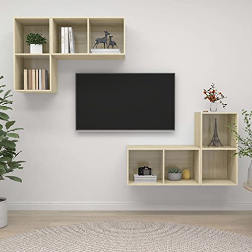 WRJENFSC TV-Schrank Set 4 Stück Sonoma-Eiche Holzwerkstoff Wandhängend mit 2 Fächern pro Schrank Abmessungen 37x37x72cm für Wohnzimmer Möbel von WRJENFSC