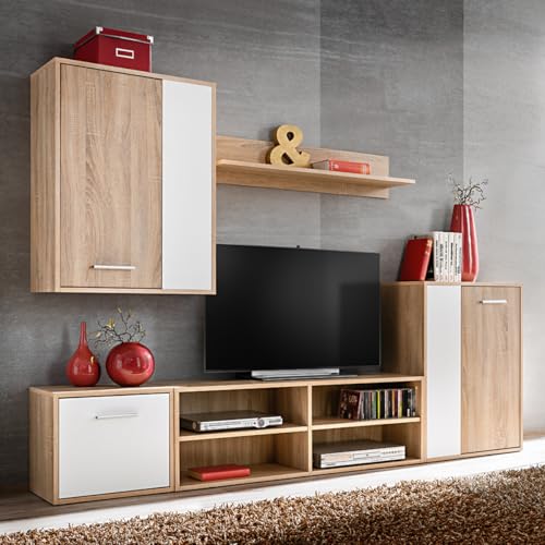 WRJENFSC TV Schrank Set 5-teilig Weiß Sonoma Eiche Holzwerkstoff Modernes Design Viel Stauraum für Wohnzimmer Lowboard Sideboard 221x30x160cm von WRJENFSC