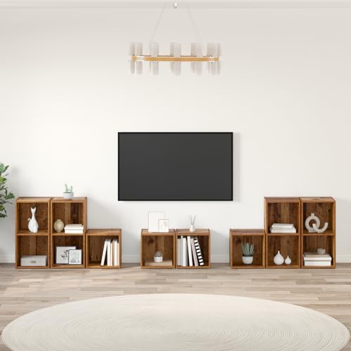 WRJENFSC TV Schrank Set 8 pcs Modular Cube Regal Speicher Altholz Holzwerkstoff 37 x 35 x 72 cm Farbechtes Design Einfache Montage für Wohnzimmer und Home Office von WRJENFSC