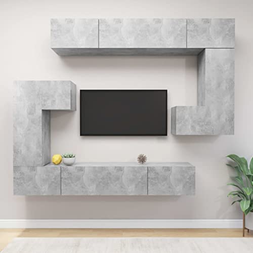 WRJENFSC TV Schrank Set Betongrau Hängend Holzwerkstoff Modernes Design Großzügiger Stauraum 8-TLG. Wandmontage für Wohnzimmer von WRJENFSC