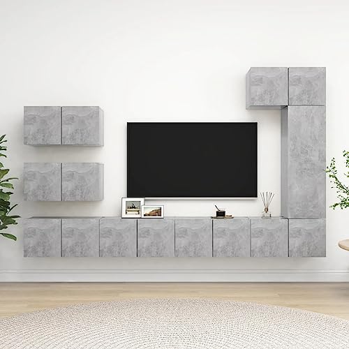 WRJENFSC TV Schrank Set Betongrau Holzwerkstoff 8-teilig Modernes Design Großem Stauraum Hängend für Wohnzimmer von WRJENFSC