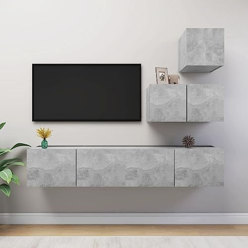 WRJENFSC TV-Schrank-Set Betongrau Holzwerkstoff Hängend Modern - 4-TLG. Wandmontage Stauraum Lösung für Wohnzimmer von WRJENFSC