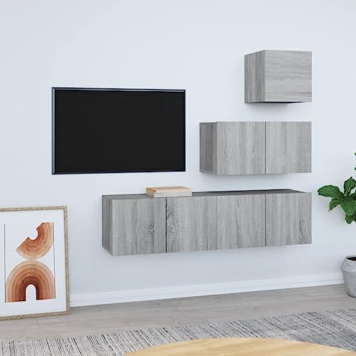WRJENFSC TV-Schrank-Set Lowboard Grau Sonoma aus Holzwerkstoff mit 3 großen und 1 kleinen Schrank für Wandmontage im Wohnzimmer praktisches Design und reichlich Stauraum von WRJENFSC