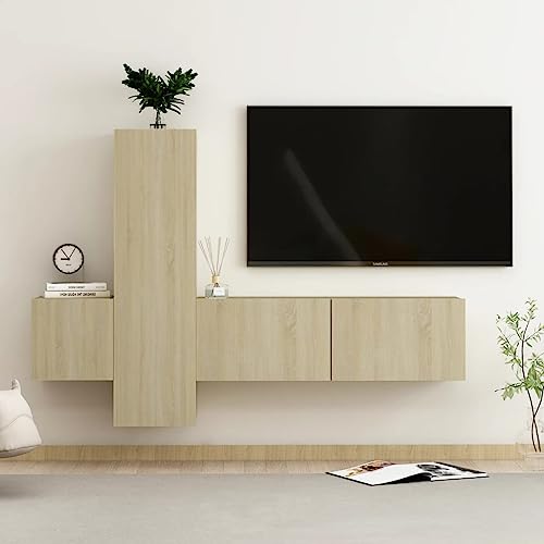 WRJENFSC TV-Schrank-Set Sonoma-Eiche Holzwerkstoff, 3-TLG. Lowboard mit Staufächern, Modernes Design für Wohnzimmer, Wandmontage möglich, Robust und Pflegeleicht von WRJENFSC