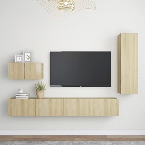 WRJENFSC TV-Schrank-Set hängend Sonoma-Eiche 4-teilig Wandmontage TV Board Sideboard Wohnzimmer Möbel Holzwerkstoff von WRJENFSC