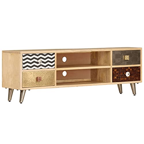 WRJENFSC TV-Schrank aus Massivholz Mango 120x30x40 cm Industrielles Design mit 2 Fächern & 4 Schubladen Stabile Metallbeine Sideboard Lowboard für Wohnzimmer von WRJENFSC