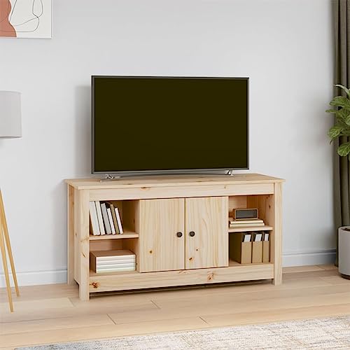 WRJENFSC TV-Schrank aus massivem Kiefernholz, modernes Lowboard mit 2 Türen und 4 offenen Fächern, stilvolles Sideboard für Wohnzimmer, 103x36,5x52 cm von WRJENFSC
