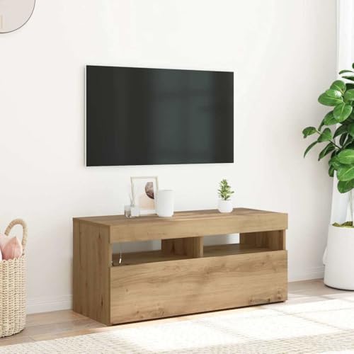 WRJENFSC TV Schrank mit RGB LED Beleuchtung Artisan Eiche 90x35x40 cm Modernes Sideboard mit Stauraum für Wohnzimmer Fernsehmöbel von WRJENFSC