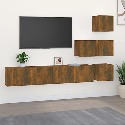 WRJENFSC TV Wandschrank Set Räuchereiche Holzwerkstoff Wandmontage mit 4X Kleinen und 2X Großen Schränken für Wohnzimmer Elegantes Design und Praktischer Stauraum von WRJENFSC