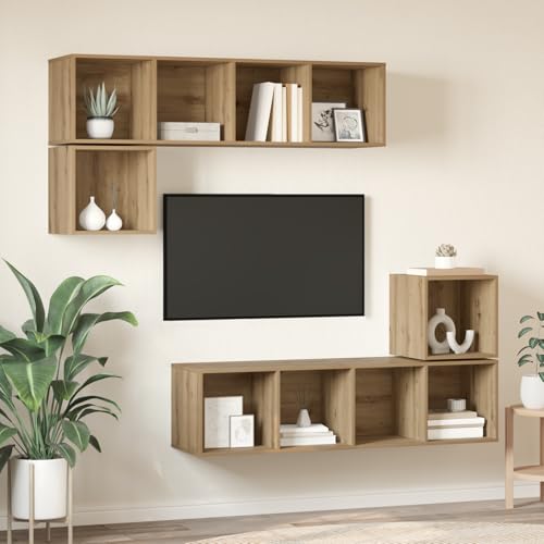 WRJENFSC Wand TV Schrank Set 4 pcs Eiche handwerklich 37 x 37 x 142,5 cm aus Holzwerkstoff Platzsparende Wandmontage für Wohnzimmer und Schlafzimmer von WRJENFSC