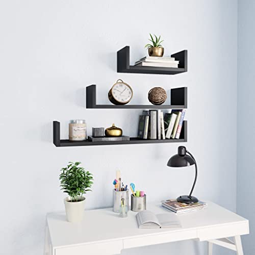 WRJENFSC Wandregal 3er Set Schwarz Holzwerkstoff U-Form Regale Schwebend für Küche Wohnzimmer Schlafzimmer Bücher CDs Pflanzen Modernes Design Robust von WRJENFSC