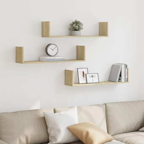 WRJENFSC Wandregal 3er Set Sonoma-Eiche Holzwerkstoff 80x18x18 cm schwebend für Wanddeko Bücher Pflanzen von WRJENFSC