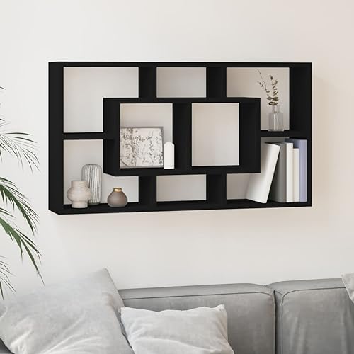 WRJENFSC Wandregal 8 Fächer Schwarz aus Holzwerkstoff mit Unsichtbarem Montagesystem 85x18x85cm für Bücher Deko und Pflanzen in Wohnzimmer Küche oder Bad von WRJENFSC