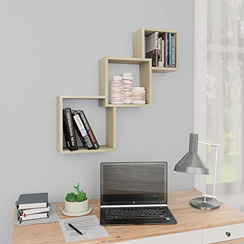 WRJENFSC Wandregal Bücherregal 3 Würfel Set Sonoma-Eiche Holzwerkstoff 68x15x68 cm Dekoratives Regal für Wandmontage in Schlafzimmer Wohnzimmer Küche Eingangsbereich von WRJENFSC