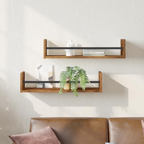 WRJENFSC Wandregal Holz 2er Set Braun Rechteckig 60x16x14 cm Rustikale Altholz Tischlerplatte für Wohnzimmer Wandmontierte Ablage Deko Bücherregal von WRJENFSC