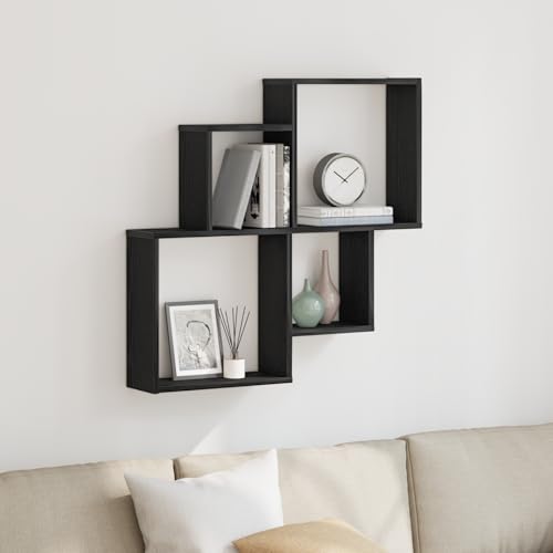 WRJENFSC Wandregal Schwarz Eiche Massivholz 80x15x78,5 cm Modernes Würfelregal mit 5 Fächern Matt Finish für Wohnzimmer Schlafzimmer Büro Dekoration von WRJENFSC