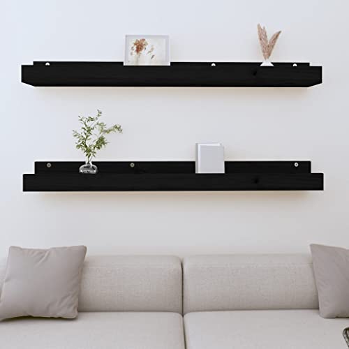 WRJENFSC Wandregal Schwarz Massivholz Kiefer 2 Stück 110x12x9 cm Offenes Regalbrett für Bücher Deko Aufbewahrung in Wohnzimmer Küche Badezimmer von WRJENFSC