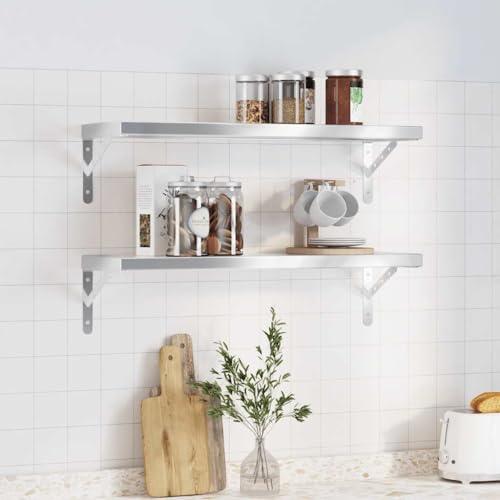 WRJENFSC Wandregal Schweberegal Set 2 Stück Edelstahl Silber 75x23,5x3 cm mit gebürsteter Oberfläche platzsparendes Design für Wohnzimmer Schlafzimmer Büro von WRJENFSC