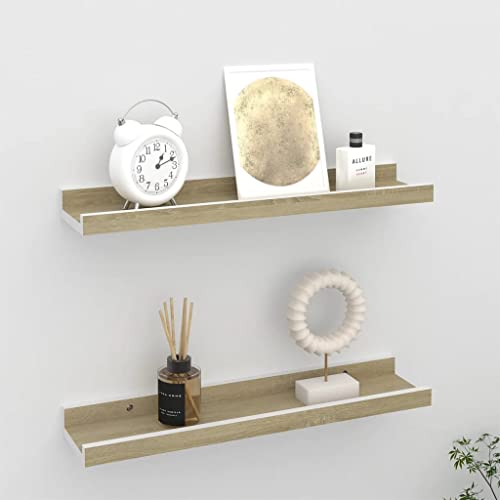 WRJENFSC Wandregal Set 2 STK Schwebend Weiß Sonoma-Eiche MDF 40x9x3 cm Dekoratives Regal für Wohnzimmer Küche Bad Bücher Pflanzen Deko von WRJENFSC