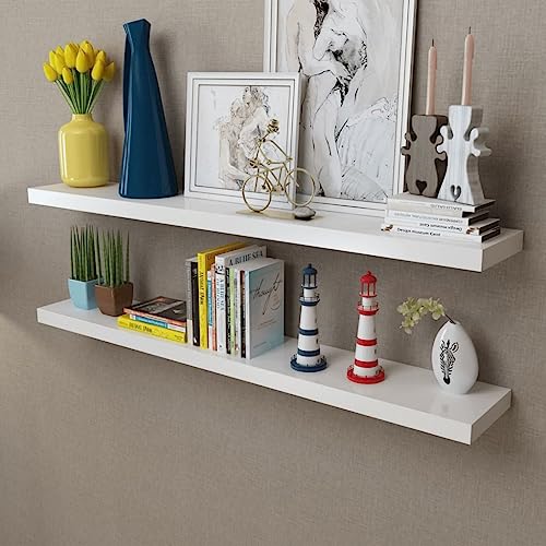 WRJENFSC Wandregal Set 2 Stück MDF Weiß Schwebendes Regal mit Unsichtbarem Montagesystem 120x20x3.8 cm für Deko Bücher und Pflanzen in Wohnzimmer Bad Küche von WRJENFSC