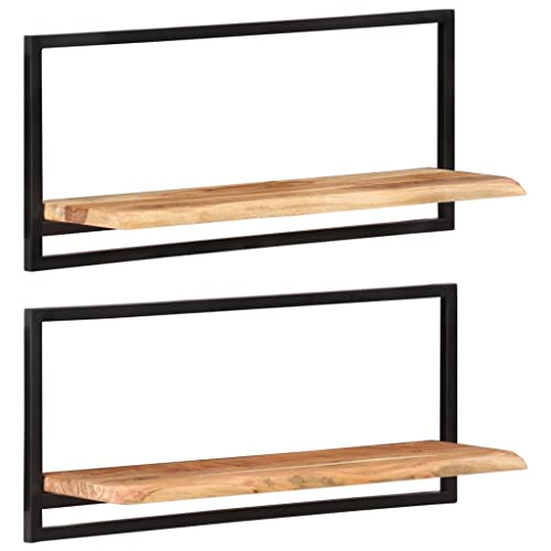 WRJENFSC Wandregal Set 2 Stück aus Massivholz Akazie und Stahl 80x25x35 cm mit Robustem Rahmen und Naturkante Design für Bücherregal Wanddekoration in Wohnzimmer Küche Bad von WRJENFSC