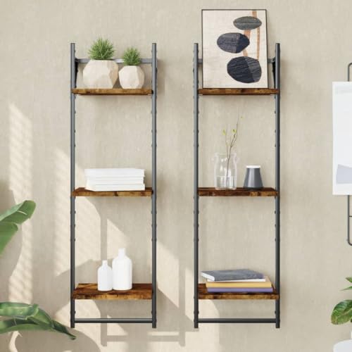 WRJENFSC Wandregal Set 2 Stück mit 3 Ablagen und Stangen | Schweberegal für Deko Bücher Pflanzen | Räuchereiche Holzoptik 30x25x100 cm von WRJENFSC