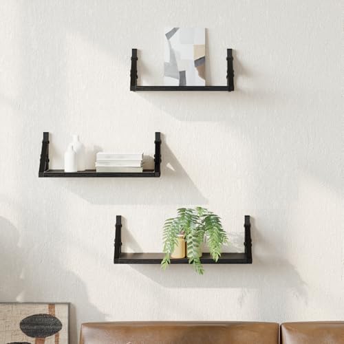 WRJENFSC Wandregal Set 3-teilig Schwebendes Regal in Schwarzer Eiche Optik Technisch Holz Wandregale für Wohnzimmer Bücher Deko Stauraum mit Modernem Design von WRJENFSC