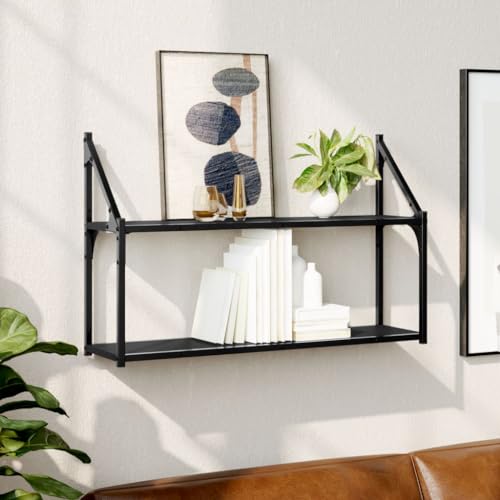 WRJENFSC Wandregal mit 2 Fächern Schwarz 80x21x51 cm Holzwerkstoff Schwebendes Regal für Bücher Deko Pflanzen in Wohnzimmer Bad Schlafzimmer von WRJENFSC