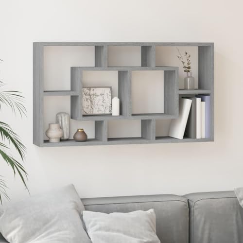 WRJENFSC Wandregal mit 8 Fächern Grau Sonoma Holzwerkstoff Schwebendes Regal 85x18x85 cm Unsichtbares Montagesystem für Bücher Pflanzen Deko Wohnzimmer von WRJENFSC