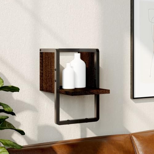 WRJENFSC Wandregal mit Metallstange Braun Eichen-Optik 20x25x30 cm Schweberegal für Wanddeko Bücher Pflanzen Küche Bad von WRJENFSC