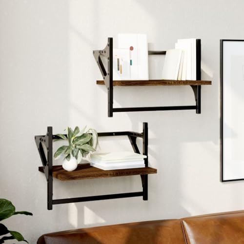 WRJENFSC Wandregal mit Stange, 2 Stück Set Braun Eichen-Optik 40x25x30 cm, Schwebendes Regal für Küche Bad Wohnzimmer, Dekoratives Ablagesystem mit Hängestange von WRJENFSC