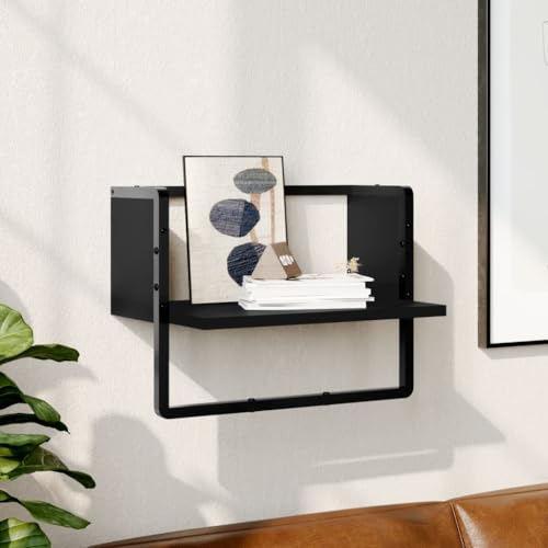 WRJENFSC Wandregal mit Stange Schwarz 40x25x30 cm – Schweberegal aus Holzwerkstoff und Metall für Deko, Bücher und Pflanzen in Wohnzimmer, Küche oder Bad, Platzsparendes Design mit Stauraum von WRJENFSC