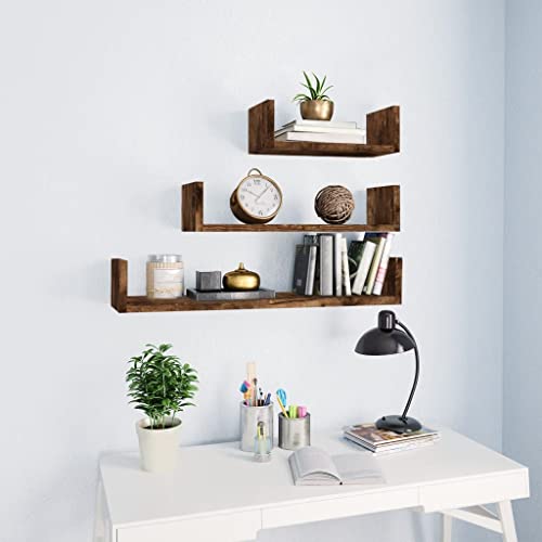 WRJENFSC Wandregale Set 3 Stück Räuchereiche Holzwerkstoff Schwebendes Bücherregal U-Form in 30x45x60cm für Bücher CDs Pflanzen Deko in Wohnzimmer Küche Bad von WRJENFSC