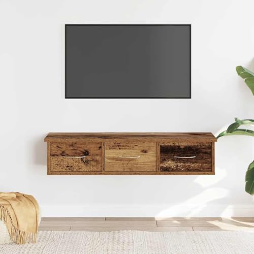 WRJENFSC Wandschrank Altholz-Optik 88x26x18,5 cm Holzwerkstoff mit 3 Schubladen, Platzsparender Hängeschrank für Wohnzimmer Küche Badezimmer von WRJENFSC