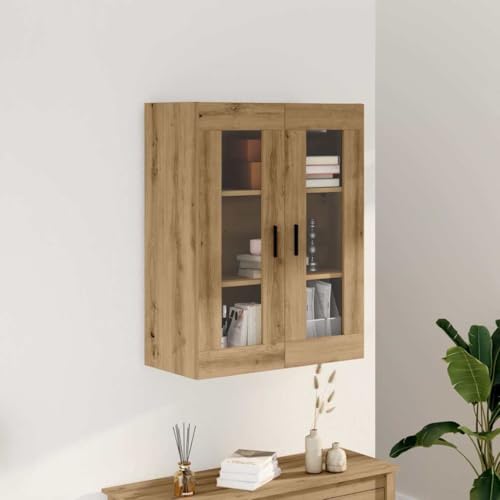 WRJENFSC Wandschrank Artisan Eiche 69,5 x 34 x 90 cm aus Holzwerkstoff mit Glastüren Wandhängeschrank Modernes Design Robust und Langlebig für Wohnzimmer Flur Schlafzimmer von WRJENFSC