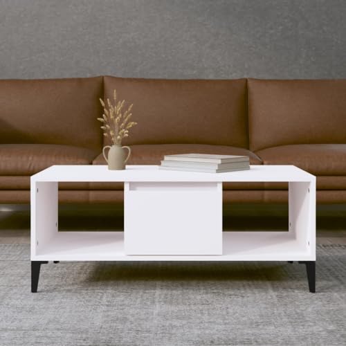 WRJENFSC Weißer Couchtisch mit Industriellem Design und Stauraum Schublade Offene Fächer 90x50x36,5 cm aus Holzwerkstoff und Metall für Wohnzimmer von WRJENFSC