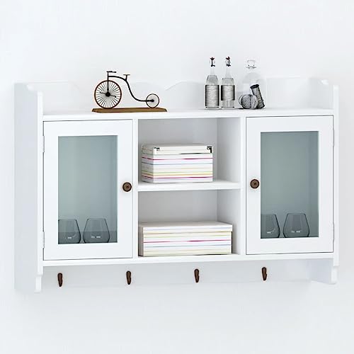 WRJENFSC Weißer Hängeschrank Wandregal aus MDF mit Glastüren und 4 Haken Unsichtbares Montagesystem 68x17x44cm für Küche Flur und Wohnzimmer Modernes Design von WRJENFSC
