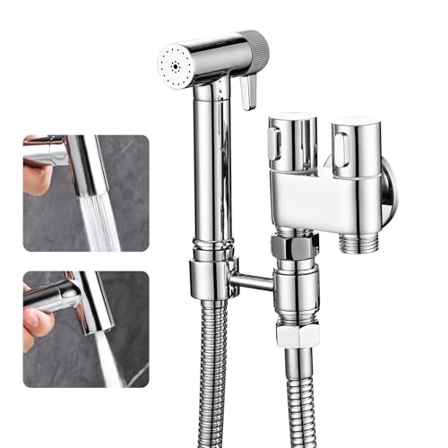 WRKMH Bidet Handbrause Chrom 2 Funktionen Handbrause Toilette Messing Wandmontiert Bidet Armaturen mit 1.2m Duschschlauch, Eckventil mit Einem Einlass und Zwei Auslassen von WRKMH